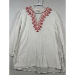 JM Collection 100% Cotton Lined White Red Lng Sleeve Embroidered Floral Shirt 14